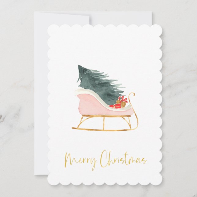 Christmas Pink Sleigh Handwritten Script Holiday Card (Front)
