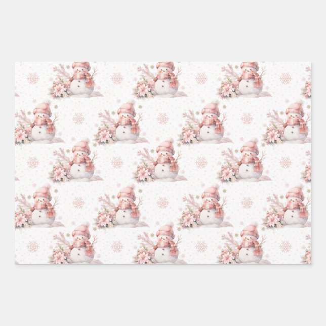 Christmas Pink Snow Girl Poinsettia  Wrapping Paper Sheet (Front)