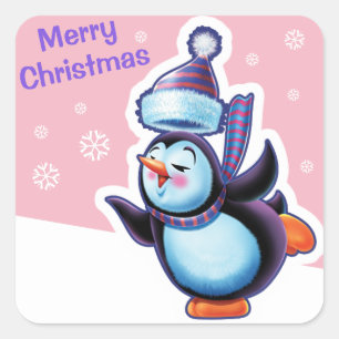 Christmas pink square sticker Penguin skating.