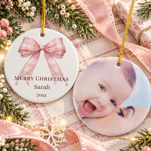 Christmas pink tartan bow photo ceramic tree decoration