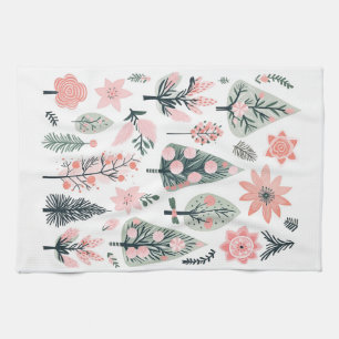 Christmas Pink Tree Abstract Doodles Tea Towel