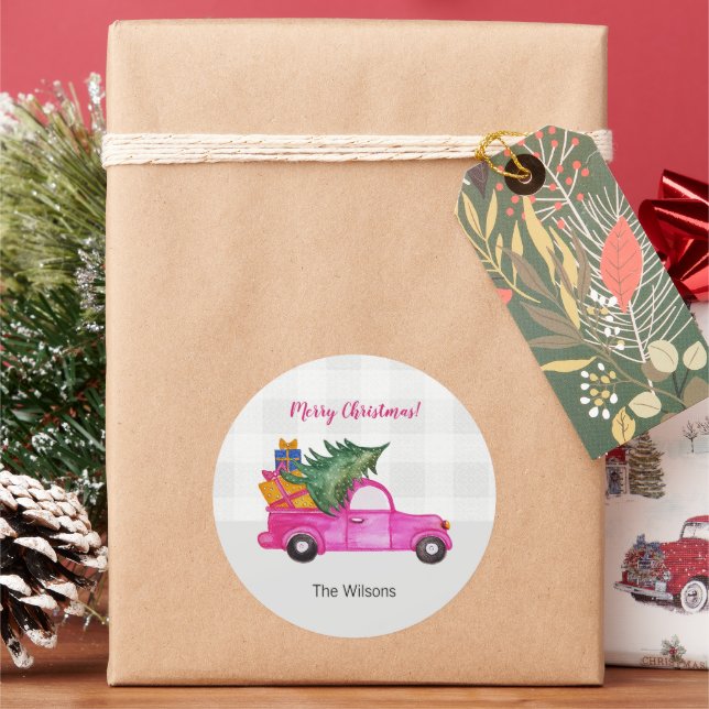 Christmas Pink Truck With Tree And Wishes Classic Round Sticker (Holiday)