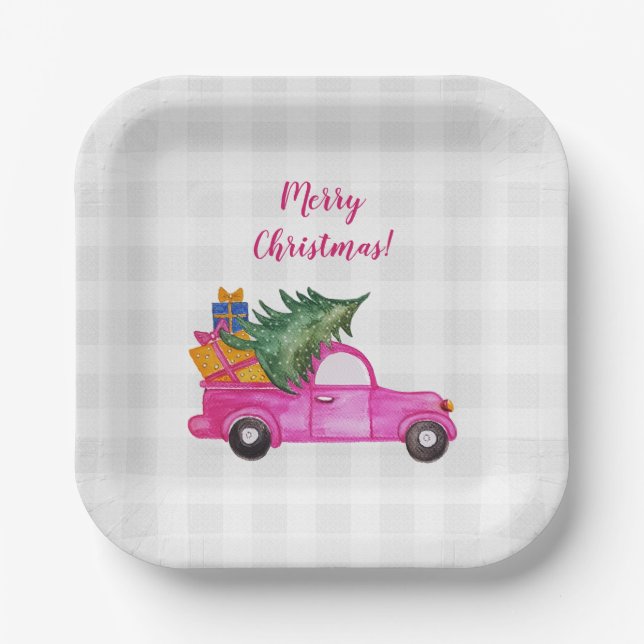 Christmas Pink Truck With Tree And Wishes Paper Plate (Front)
