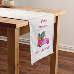 Christmas Pink Truck With Tree And Wishes Short Table Runner