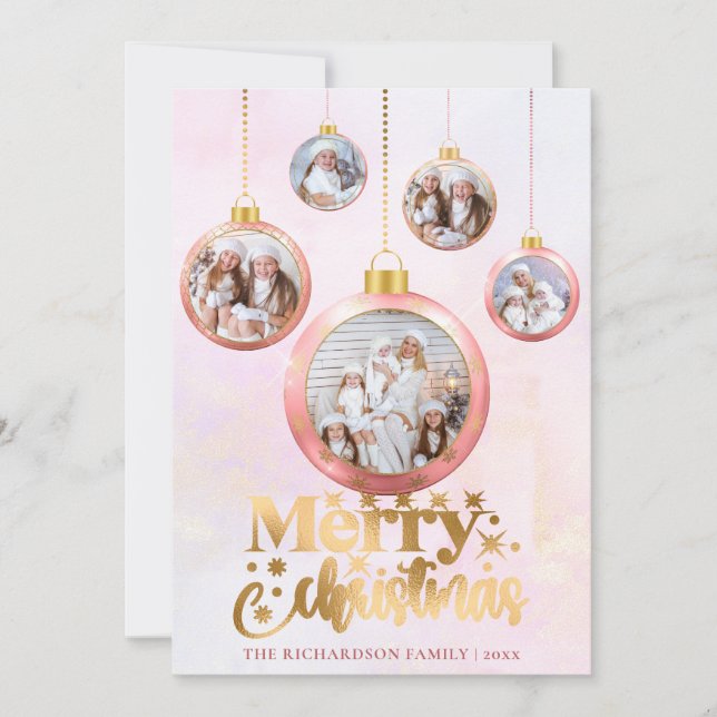Christmas Pink Watercolor 5 Photo Ornament Holiday (Front)