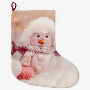 Christmas Pink & White Fluffy Snowman Large Christmas Stocking