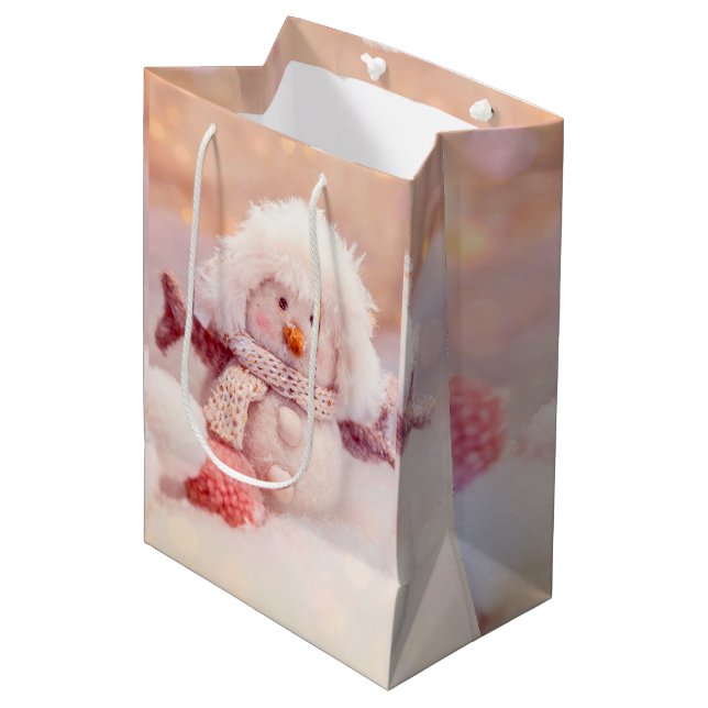 Christmas Pink & White Fluffy Snowman Medium Gift Bag (Front Angled)