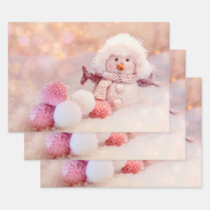 Christmas Pink & White Fluffy Snowman Wrapping Paper Sheet
