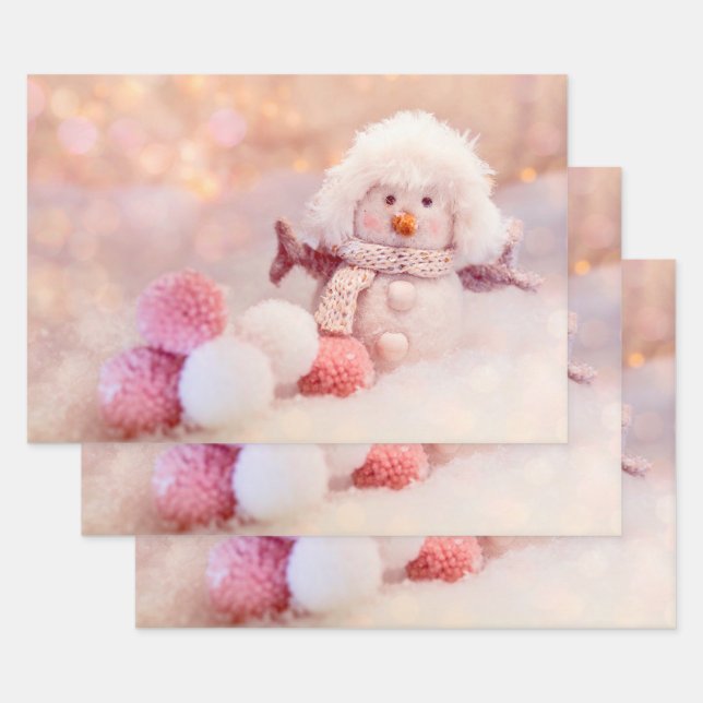 Christmas Pink & White Fluffy Snowman Wrapping Paper Sheet (Set)