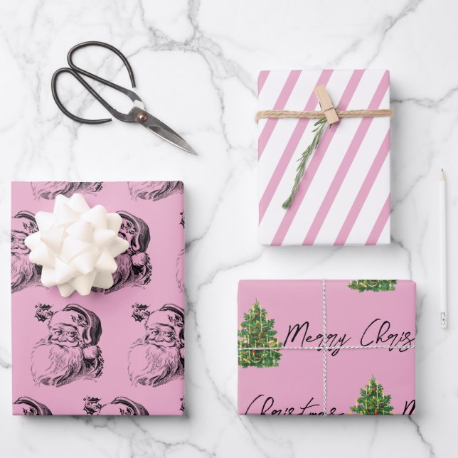 Christmas Pink & White Pattern  Wrapping Paper Sheet (Front)