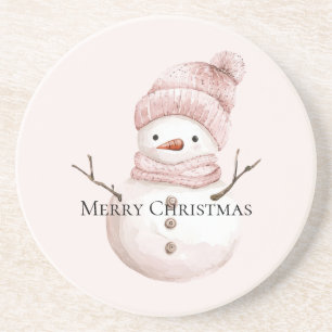 Christmas Pink White Snowman Coaster