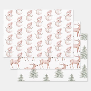 Christmas Pink White Snowman Deer Green Trees Wrapping Paper Sheet
