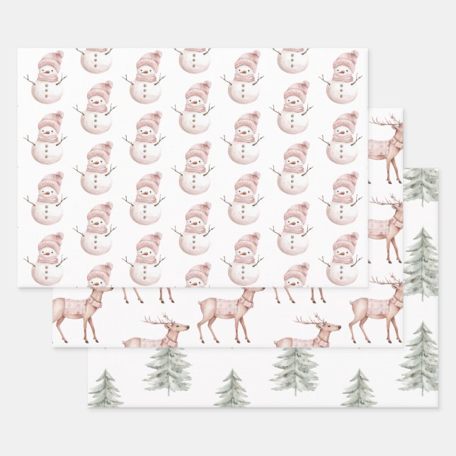 Christmas Pink White Snowman Deer Green Trees Wrapping Paper Sheet (Set)