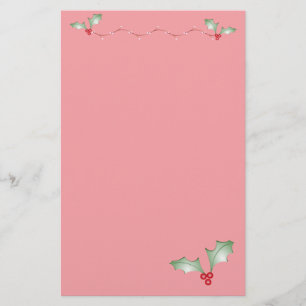 Christmas Pink With Soft Green Holly Stationery