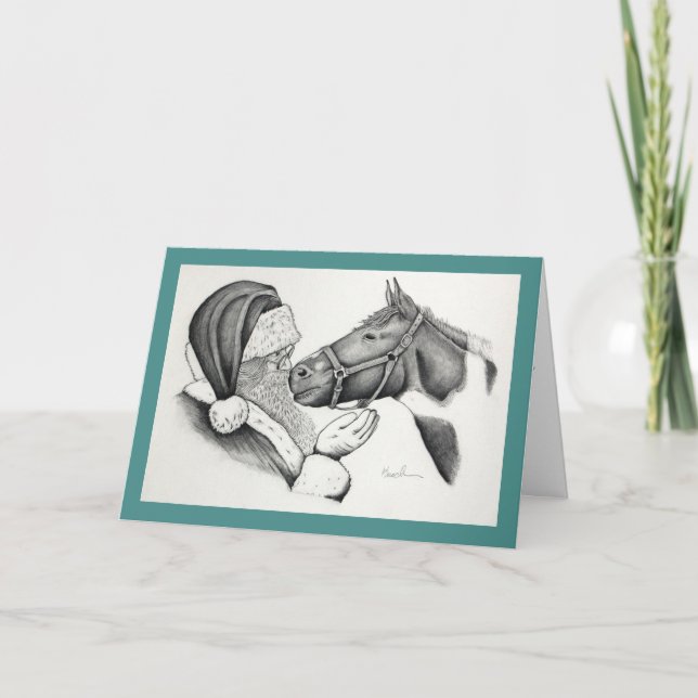 Christmas Pinto Paint Horse and Santa Holiday Card (Front)