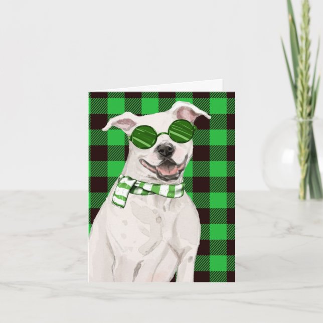 Christmas Pit Bull and Green Buffalo Plaid Holiday Card (Front)