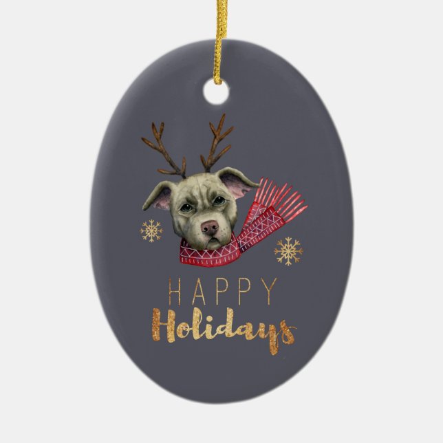 Christmas Pit Bull Dog with Antlers Ceramic Tree Decoration (Front)