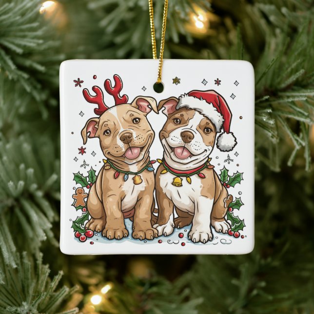 Christmas Pit Bull Dogs Ceramic Ornament (Tree)