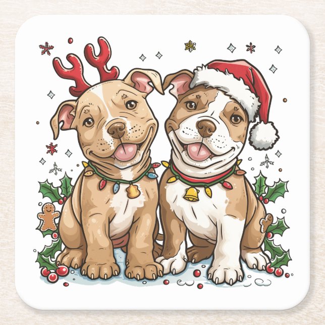 Christmas Pit Bull Dogs Square Paper Coaster (Front)