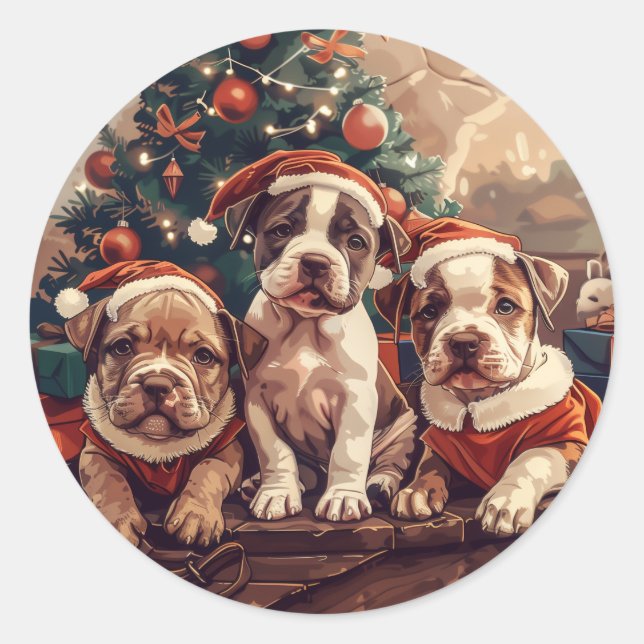 Christmas Pit Bull Puppy Dogs Classic Round Sticker (Front)