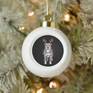 Christmas Pit Bull Reindeer Antlers Xmas Lights Ceramic Ball Christmas Ornament