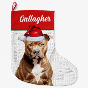 Christmas Pit Bull Terrier Name Woof Background Large Christmas Stocking