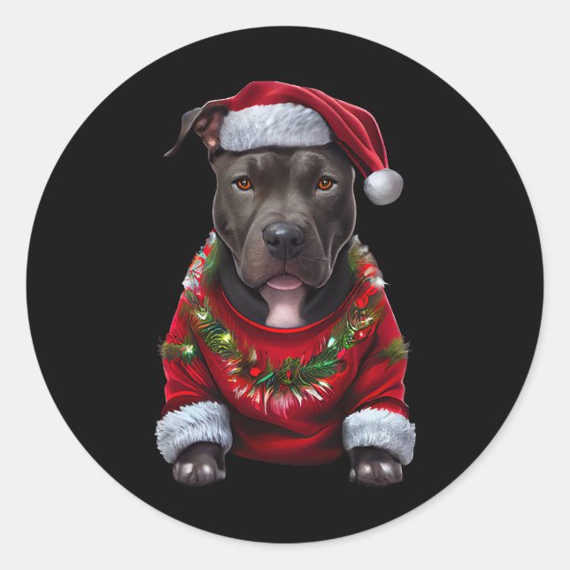Christmas Pitbull Dog Wearing Xmas Santas Hat & Sw Classic Round Sticker (Front)