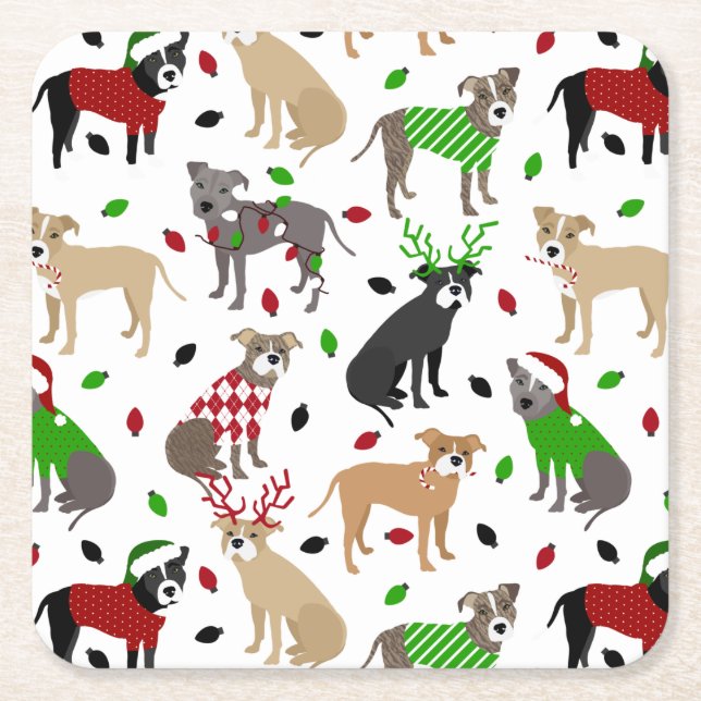 Christmas Pitbull Dogs Square Paper Coaster (Front)