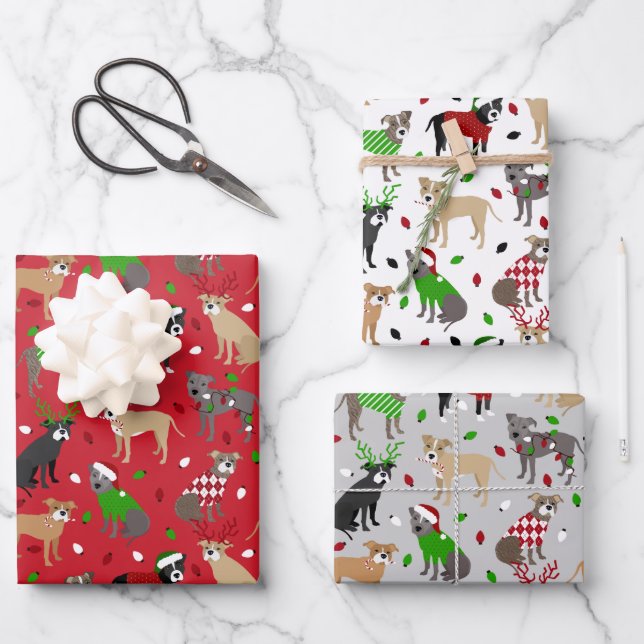 Christmas Pitbull Dogs Wrapping Paper Sheet (Front)