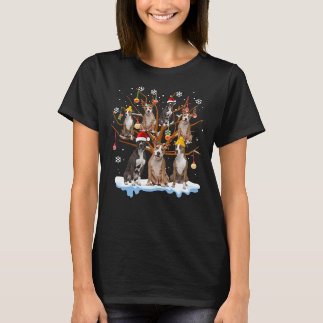 Christmas Pitbull On Tree Funny Santa T-Shirt (Front)