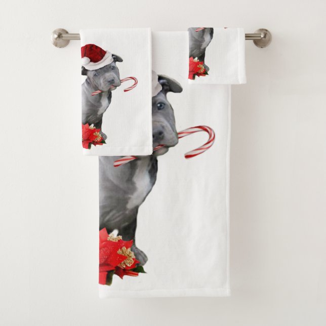 Christmas Pitbull puppy set of bath towels (Insitu)