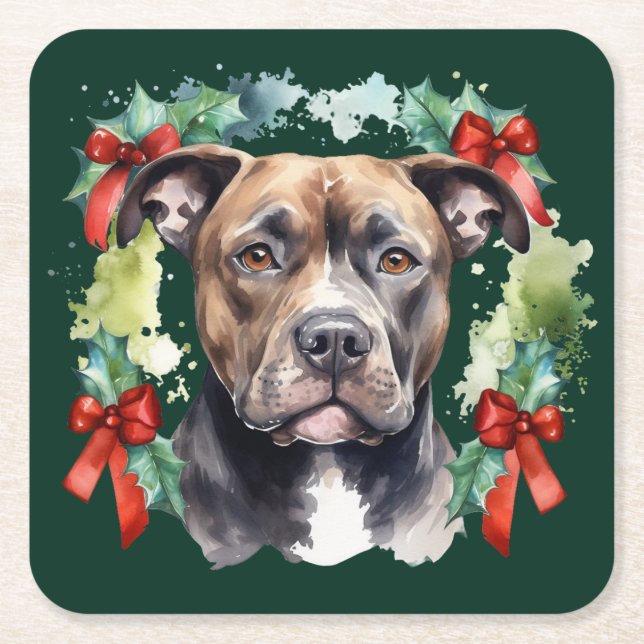 Christmas Pitbull Square Paper Coaster (Front)