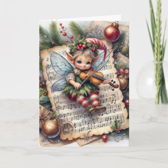 Christmas Pixie Fairy Playing a Violin Card (Front)