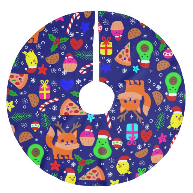christmas pizza chick bird avocado blue brushed polyester tree skirt (Front)