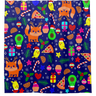 christmas pizza chick bird avocado blue shower curtain