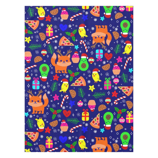 christmas pizza chick bird avocado blue tablecloth (Front)