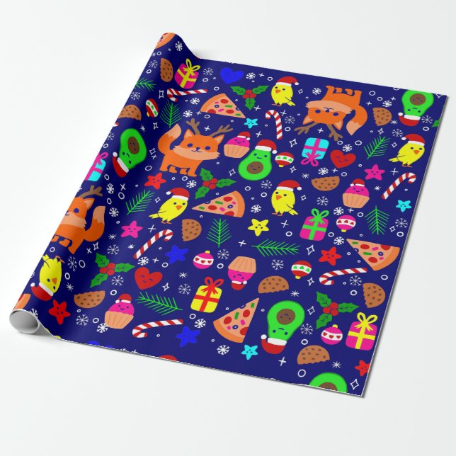 christmas pizza chick bird avocado blue wrapping paper (Unrolled)