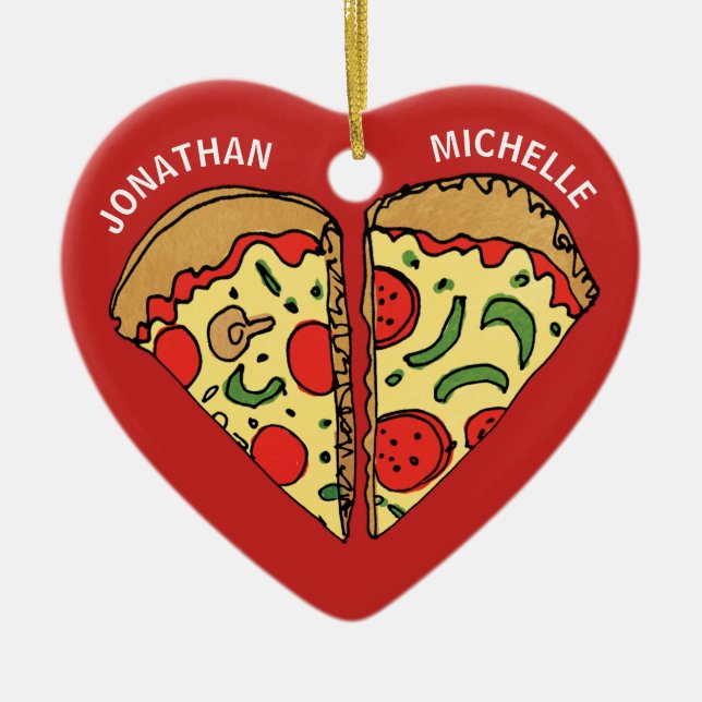 Christmas Pizza Funny Couple Monogram Names Ceramic Tree Decoration (Front)