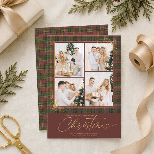 Christmas Plaid 4 Photo Collage Hand-Drawn Script Holiday Card
