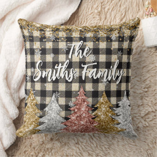 Christmas Plaid And Glitter Family Name Cushion