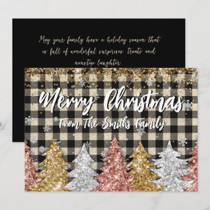 Christmas Plaid And Glitter Family Name Holiday Card