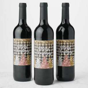 Christmas Plaid And Glitter Merry Christmas Wine Label