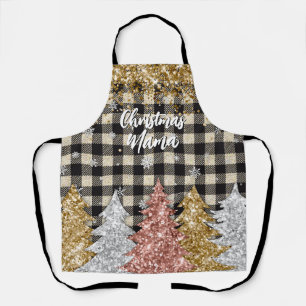 Christmas Plaid And Glitter Text Apron