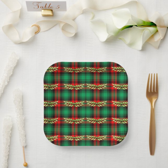 Christmas Plaid And Leaves Paper Plate (Wedding)