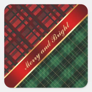 Christmas Plaid and Ribbon Green and Red Square Sticker