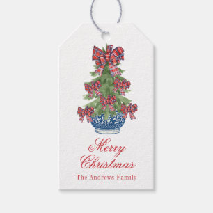 Christmas Plaid Bow Chinoiserie Topiary Tree Gift Tags