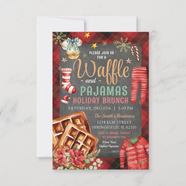 Christmas Plaid Chalkboard Waffle Pyjamas Holiday Invitation (Front)