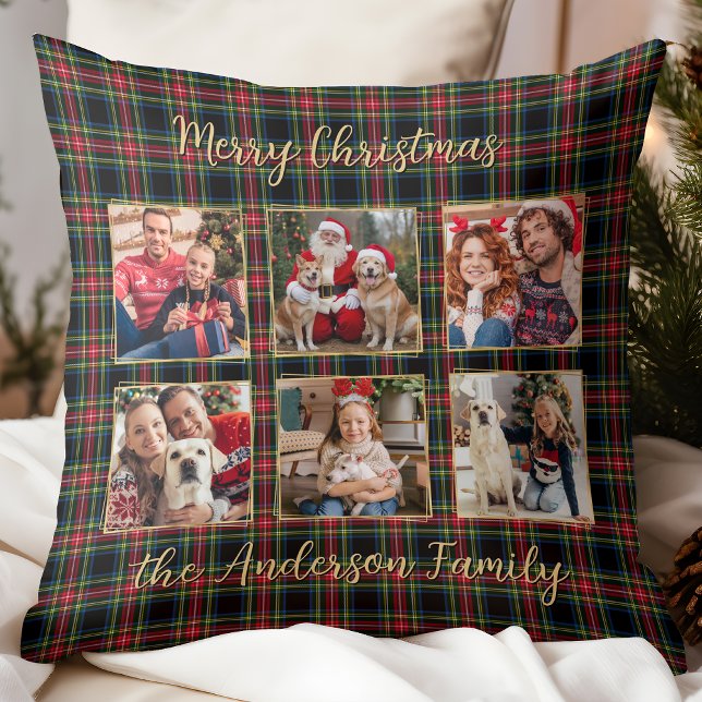 Christmas Plaid Custom Gold 6 Photo Collage Family Cushion (Creator Uploaded)