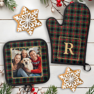 Christmas Plaid Custom Monogram Gold Photo Family Oven Mitt & Pot Holder Set