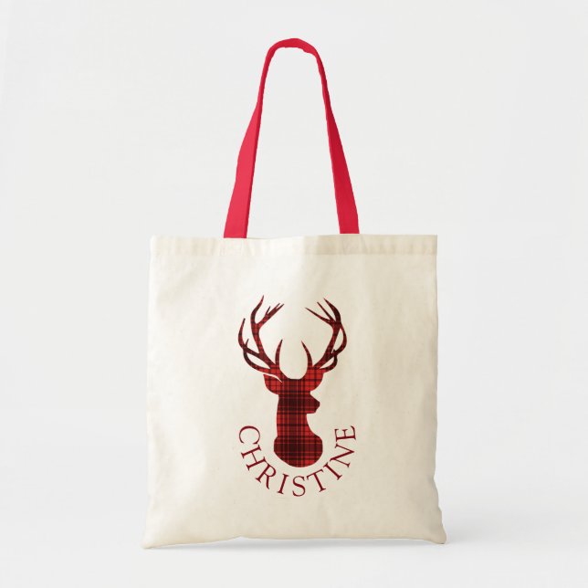 Christmas plaid deer head silhouette monogram tote bag (Front)